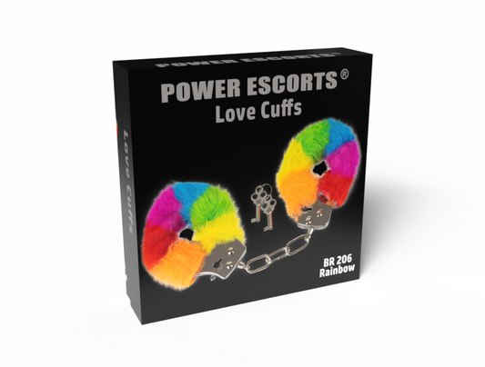 Power Escorts - BR206 Black - Furry Hand cuffs Rainbow - Colour Box